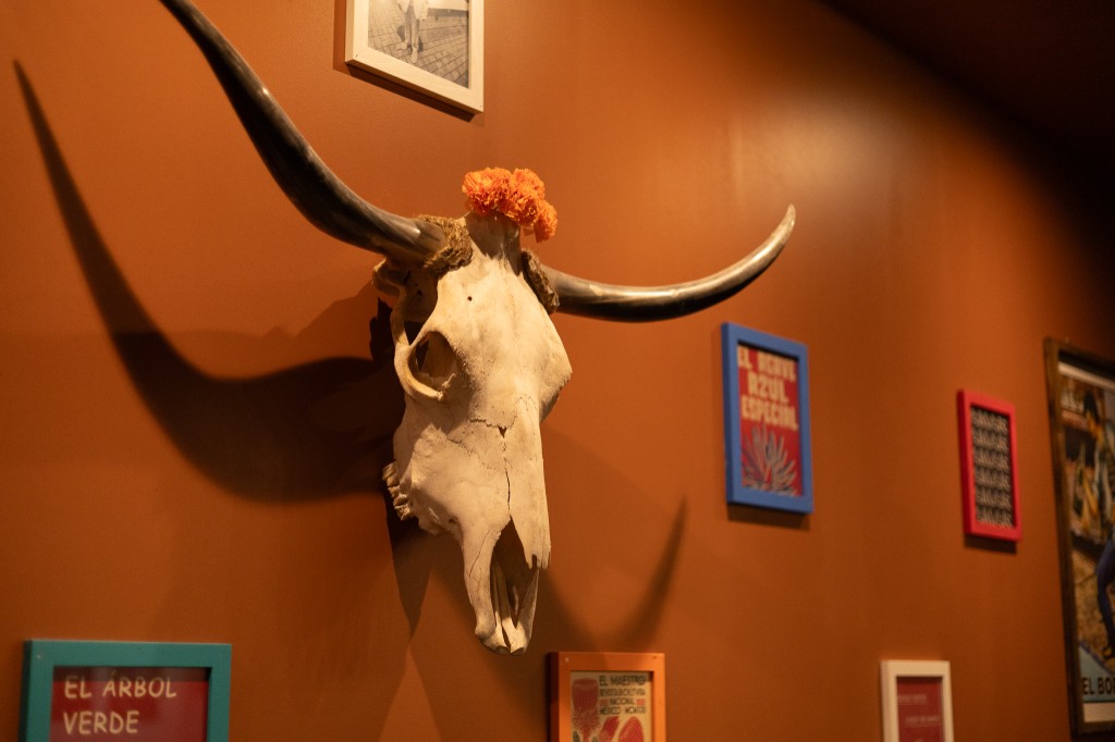 Steer skull and marigold decor inside Nacho Padres